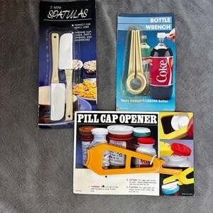 VTG Kitchen Gadget Tools Lot of 3 Bottle Wrench Mini Spatulas Pill Cap Opener